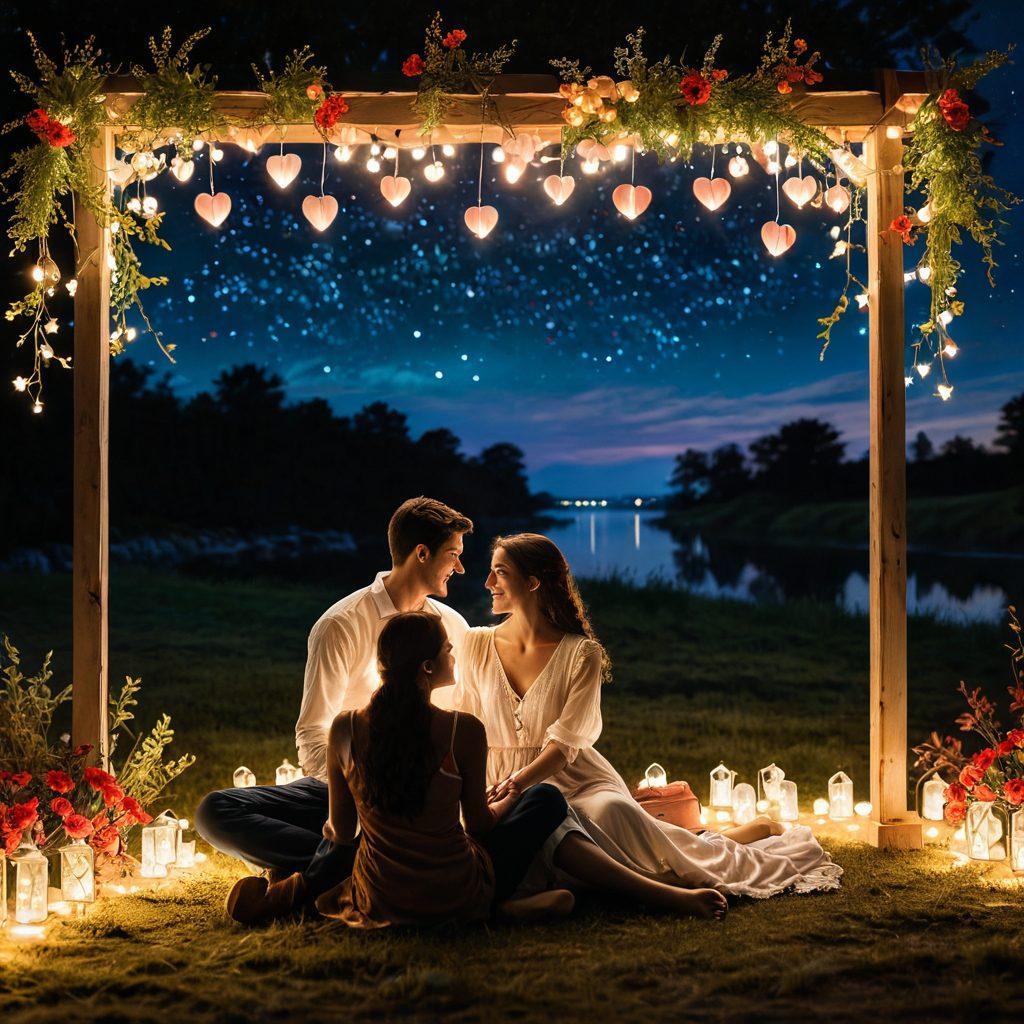A romantic scene depicting a couple sitting together under a starry night sky, surrounded by soft glowing fairy lights and heart-shaped lanterns. They are engaged in a heartfelt conversation with warm smiles, symbolizing deep connection and understanding. Beautiful, colorful flowers surround them, enhancing the atmosphere of love. The backdrop features a silhouette of a serene landscape, creating an intimate ambiance. dreamy and ethereal. vibrant colors. soft focus.