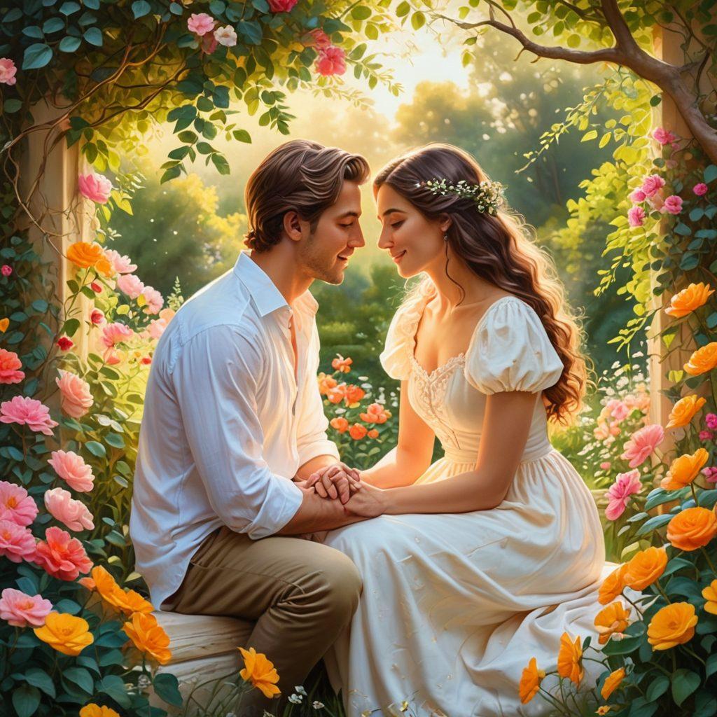 A warm and inviting scene of a couple sharing a serene moment in a beautiful garden, surrounded by blooming flowers and soft, golden sunlight filtering through the trees. They are engaged in a heartfelt conversation, eyes locked, showcasing deep connection and intimacy. The backdrop features soft pastel colors, with hints of romantic elements like heart-shaped petals and intertwined vines. Painting. vibrant colors.
