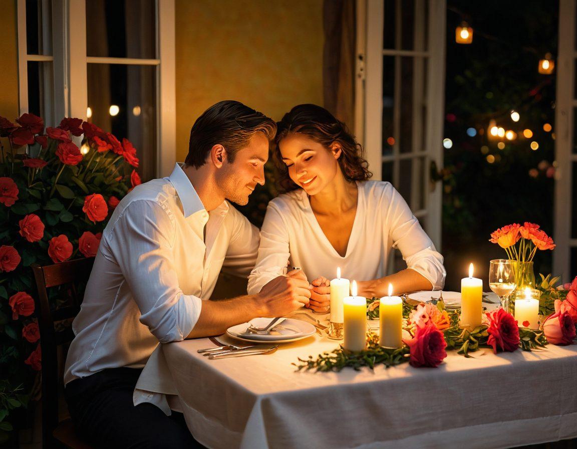 A cozy setting with a couple sharing a loving glance over a candlelit dinner, surrounded by blooming flowers and soft, warm lighting. Include romantic gestures such as a handwritten love note on the table and a small gift, symbolizing deep emotional connections. Emphasize warmth, intimacy, and joy in their expressions. soft focus. vibrant colors. painting.